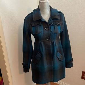 H&M Pea Coat Blue and Dark Brown plaid
